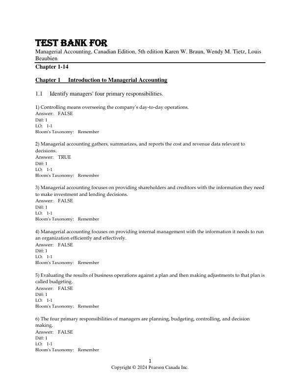 Test Bank For Managerial Accounting, Canadian Edition, 5th edition Karen W. Braun, Wendy M. Tietz, Louis Beaubien
