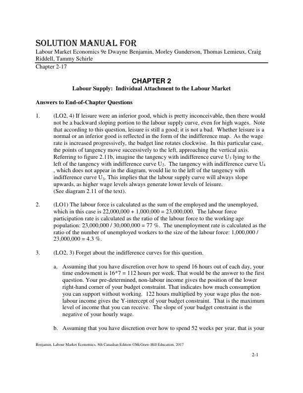 Solution Manual for Labour Market Economics 9e Dwayne Benjamin, Morley Gunderson, Thomas Lemieux, Craig Riddell, Tammy Schirle