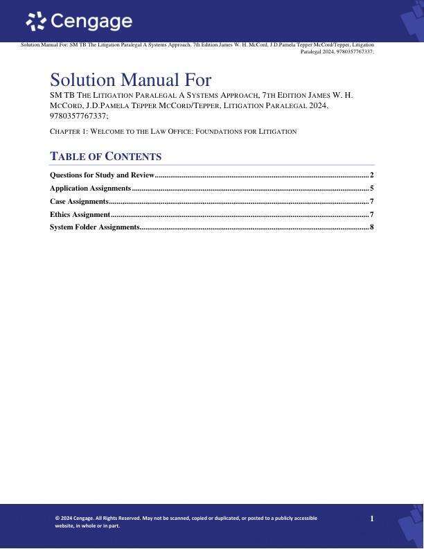 Solution Manual for The Litigation Paralegal A Systems Approach, 7th Edition James W. H. McCord, J.D.Pamela Tepper