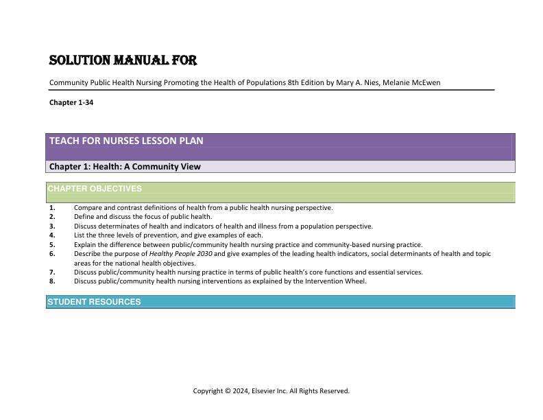 Solution Manual For Community Public Health Nursing Promoting the Health of Populations 8th Edition by Mary A. Nies, Melanie McEwen