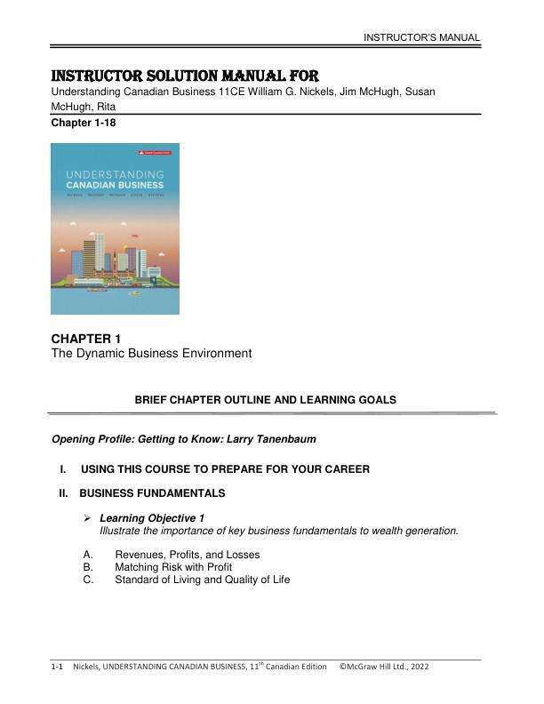 Solution Manual For Understanding Canadian Business 11th Canadian Edition by William G. Nickels, Jim McHugh, Susan McHugh, Rita Chapter(1-18)