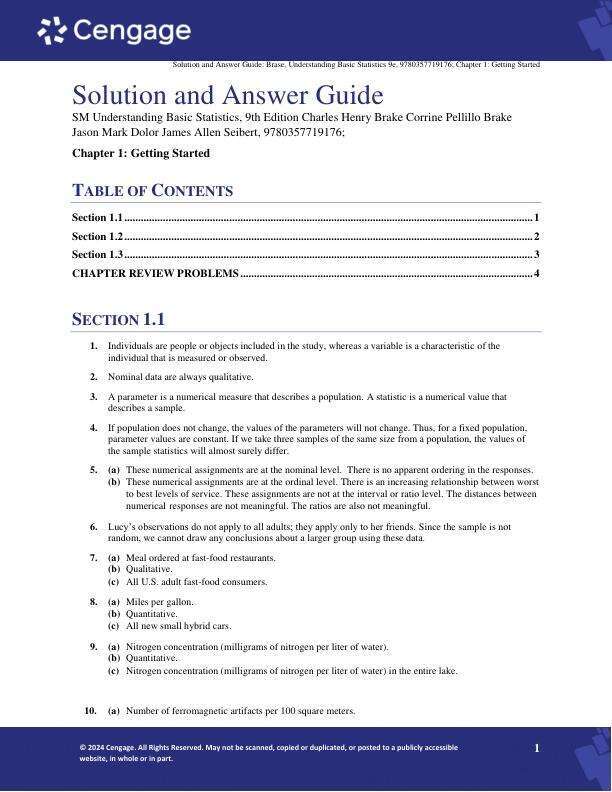 Solution Manual for Understanding Basic Statistics, 9th Edition by Charles Henry BraseCorrinne Pellillo BraseJason Mark DolorJames Allen Seibert Chapter(1-11)