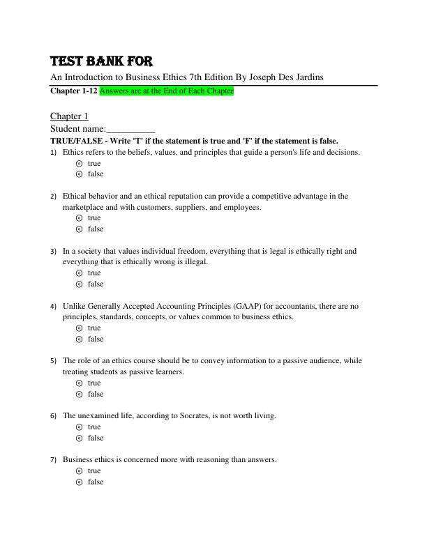Test Bank For An Introduction to Business Ethics 7th Edition By Joseph DesJardins Chapter(1-12)