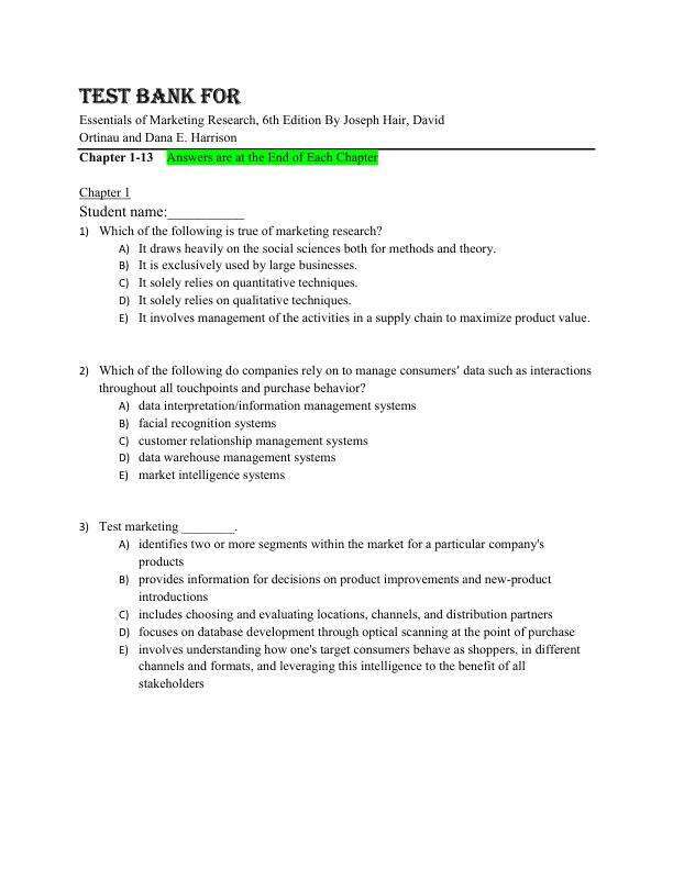 Test Bank for Essentials of Marketing Research, 6th Edition By Joseph Hair, David Ortinau and Dana E. Harrison