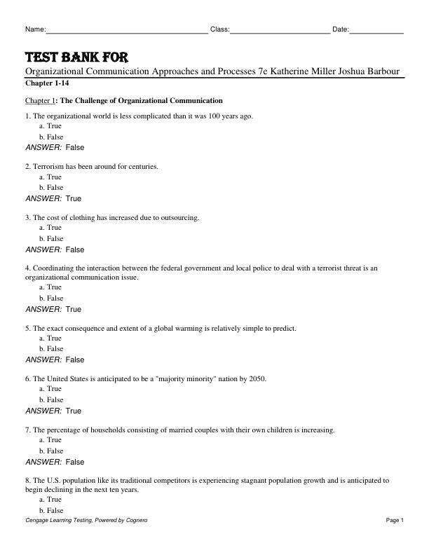 Test Bank for Organizational Communication Approaches and Processes 7th Edition by Katherine Miller Joshua Barbour