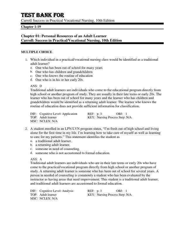 Test Bank for Success in Practical Vocational Nursing 10th Edition Carroll Chapter 1-19