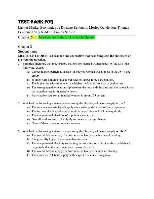 Test Bank for Labour Market Economics 9e Dwayne Benjamin, Morley Gunderson, Thomas Lemieux, Craig Riddell, Tammy Schirle