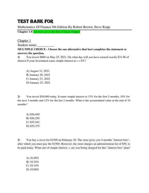 Test Bank For Mathematics Of Finance 9th Edition By Robert Brown, Steve Kopp Chapter (1-8)