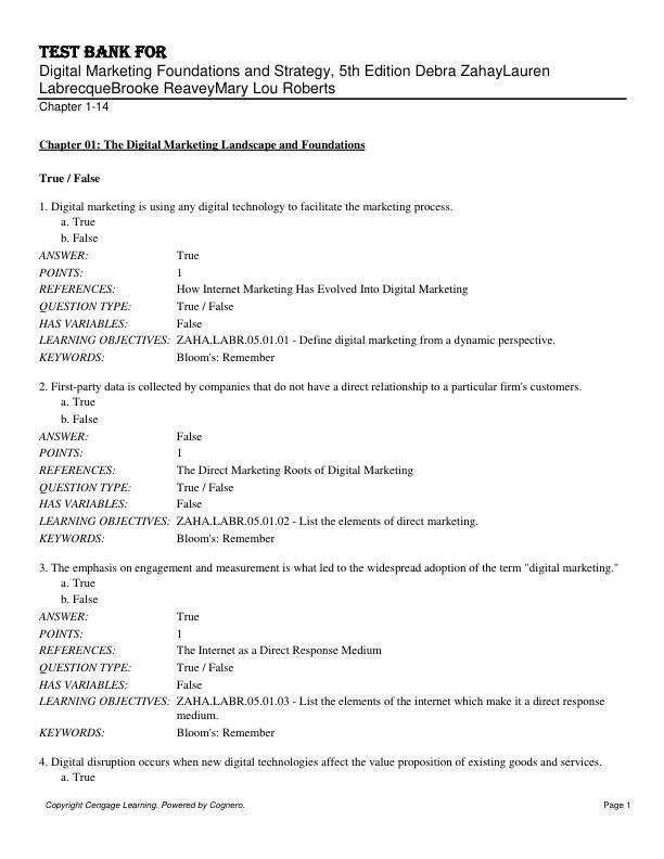 Test Bank for Digital Marketing Foundations and Strategy, 5th Edition Debra ZahayLauren LabrecqueBrooke ReaveyMary Lou Roberts