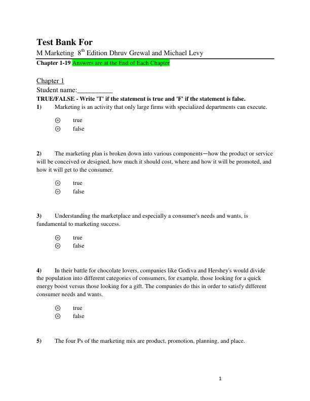 Test Bank For M Marketing 8th Edition by Dhruv Grewal and Michael Levy Chapter(1-19)