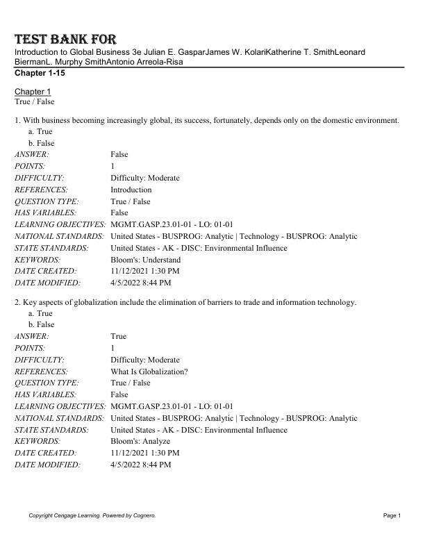 Test Bank For Introduction to Global Business 3rd Edition by Julian E. GasparJames W. KolariKatherine T. SmithLeonard BiermanL. Murphy SmithAntonio Arreola-Risa