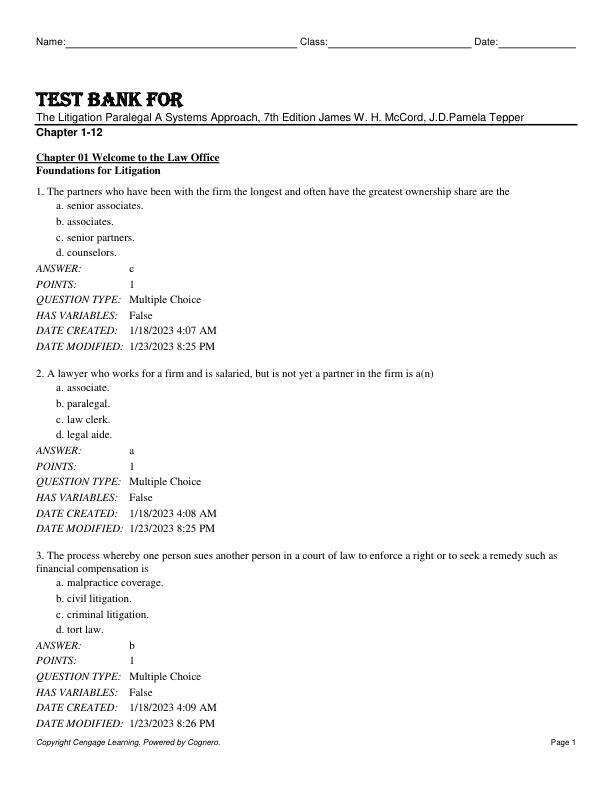 Test Bank for The Litigation Paralegal A Systems Approach, 7th Edition James W. H. McCord, J.D.Pamela Tepper