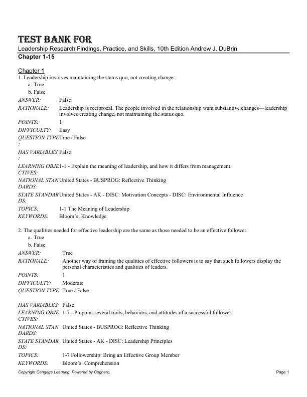 Test Bank  For Leadership Research Findings, Practice, and Skills, 10th Edition Andrew J. DuBrin Chapter (1-15)