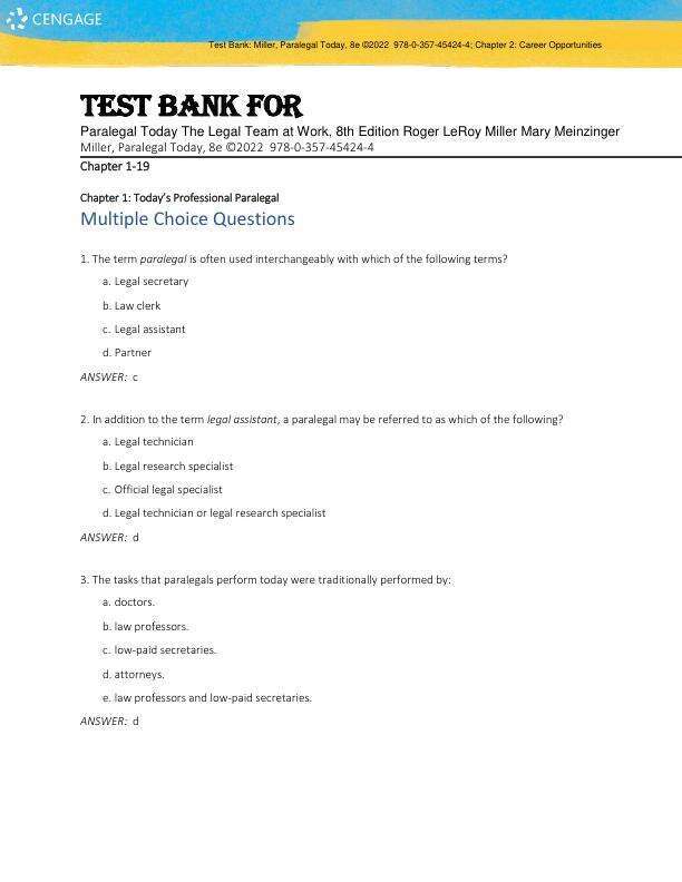 Test Bank For Paralegal Today The Legal Team at Work, 8th Edition Roger LeRoy Miller Mary Meinzinger