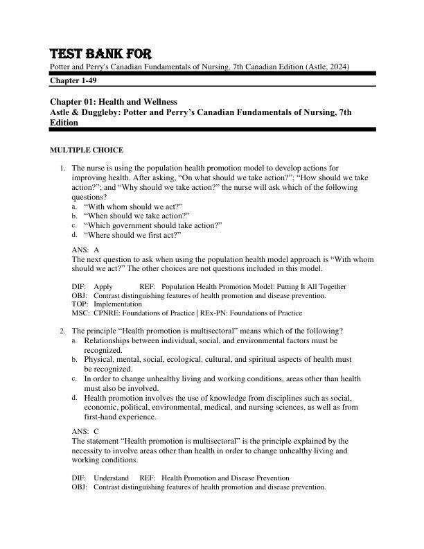 Test Bank For Potter and Perry's Canadian Fundamentals of Nursing 7th Canadian Edition (Astle, 2024) Chapter 1-49