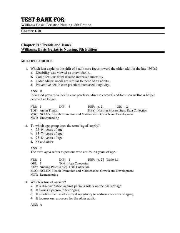 Test Bank For Basic Geriatric Nursing 8th Edition by Patricia A. Williams Chapter(1-20)
