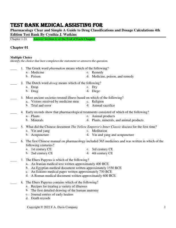 Test Bank Medical Assisting for Pharmacology Clear and Simple A Guide to Drug Classifications and Dosage Calculations 4th Edition Test Bank By Cynthia J. Watkins