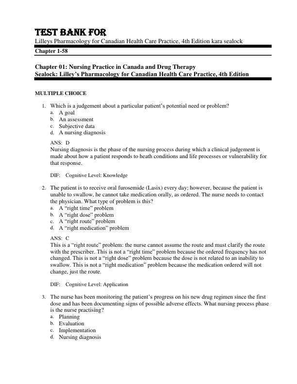 Test Bank for Lilleys Pharmacology for Canadian Health Care Practice, 4th Edition by Kara Sealock Chapter 1-58