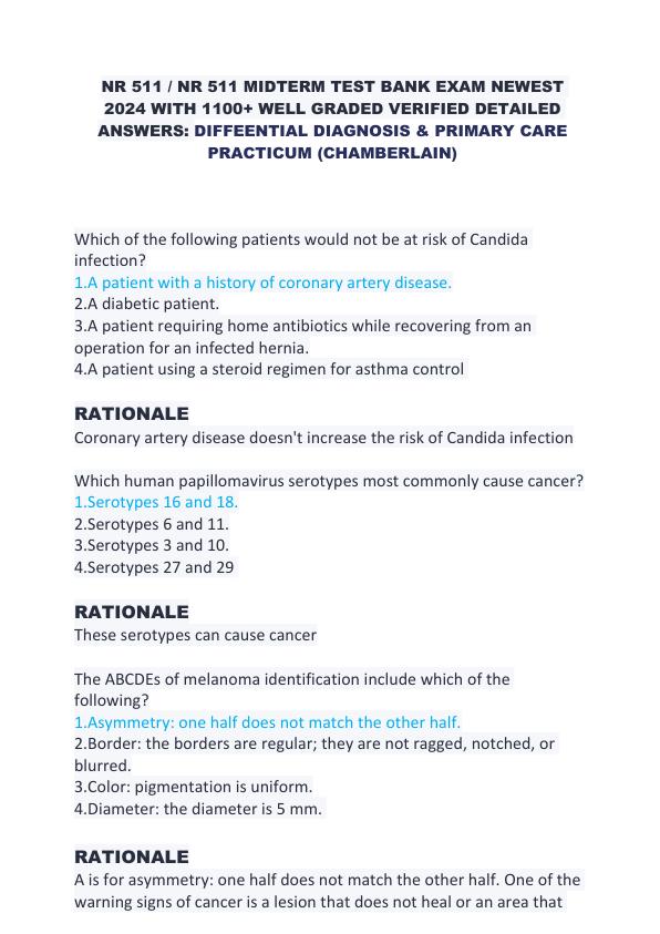 NR 511  NR 511 MIDTERM TEST BANK EXAM NEWEST 2024 WITH 1100+ WELL GRADED VERIFIED DETAILED ANSWERS DIFFEENTIAL DIAGNOSIS & PRIMARY CARE PRACTICUM (CHAMBERLAIN)