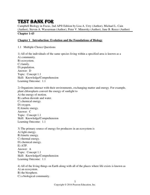 Test Bank For Campbell Biology in Focus, 2nd AP® Edition by Lisa A. Urry (Author), Michael L. Cain (Author), Steven A. Wasserman (Author), Peter V. Minorsky (Author), Jane B. Reece (Author) Chapter 1-43