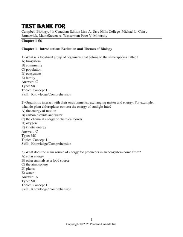 mobile-preview-Test Bank For Campbell Biology, 4th Canadian Edition by Lisa A. Urry Mills College  Michael L. Cain , Brunswick, MaineSteven A. Wasserman Peter V. Minorsky Chapter 1-56