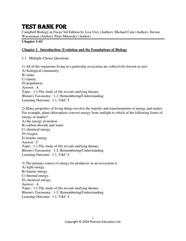 Test Bank For Campbell Biology in Focus 3rd Edition by Lisa Urry (Author), Michael Cain (Author), Steven Wasserman (Author), Peter Minorsky (Author) Chapter 1-43
