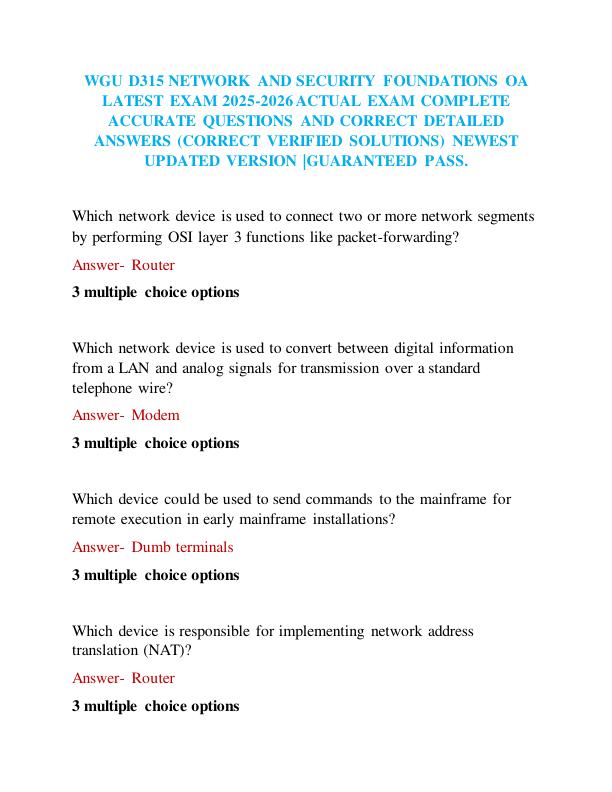 WGU D315 NETWORK AND SECURITY FOUNDATIONS OA LATEST EXAM 2025-2026 ACTUAL EXAM COMPLETE ACCURATE QUESTIONS AND CORRECT DETAILED ANSWERS (CORRECT VERIFIED SOLUTIONS) NEWEST UPDATED VERSION GUARANTEED PASS.