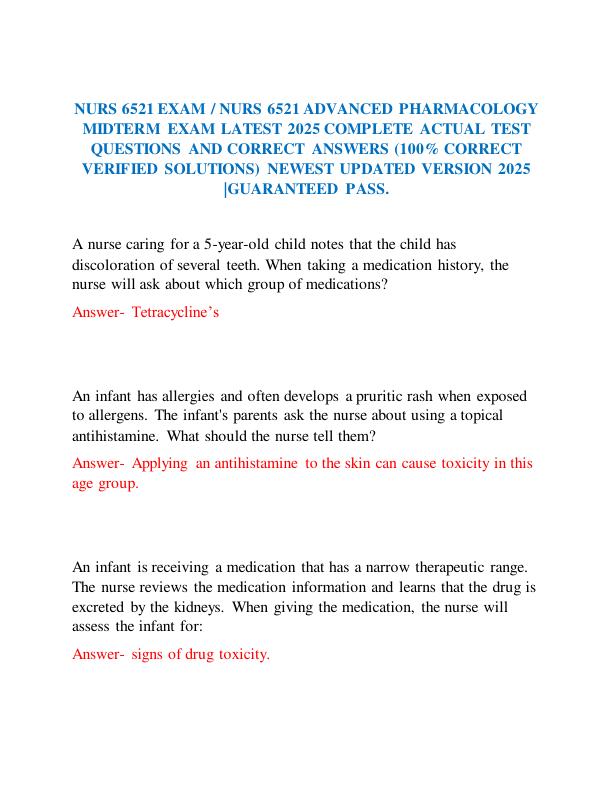 NURS 6521 EXAM  NURS 6521 ADVANCED PHARMACOLOGY MIDTERM EXAM LATEST 2025 COMPLETE ACTUAL TEST QUESTIONS AND CORRECT ANSWERS (100% CORRECT VERIFIED SOLUTIONS) NEWEST UPDATED VERSION 2025 GUARANTEED PASS.
