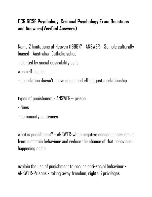 OCR GCSE Psychology Criminal Psychology Exam Questions and Answers(Verified Answers)