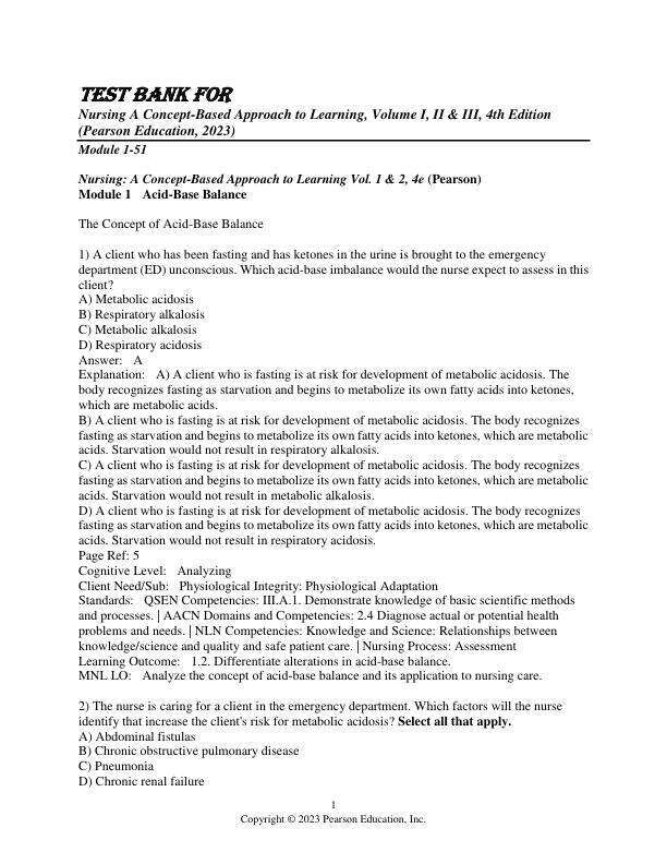 Test Bank Nursing A Concept-Based Approach to Learning, Volume I, II & III, 4th Edition (Pearson Education, 2023)