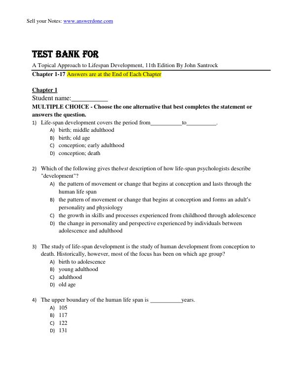 Test Bank For A Topical Approach to Lifespan Development, 11th Edition By John Santrock Chapter 1-17...