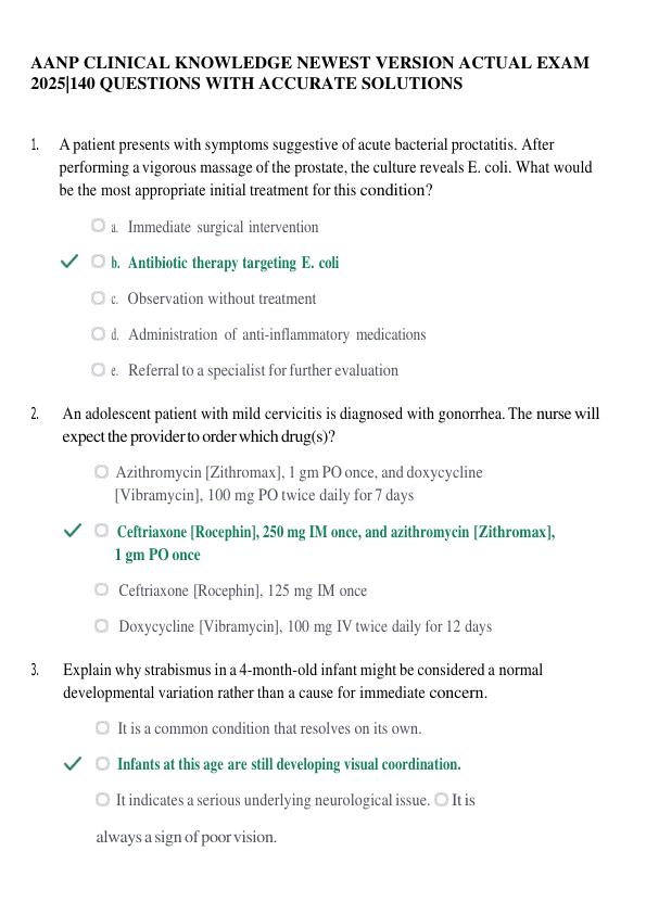 AANP CLINICAL KNOWLEDGE NEWEST VERSION ACTUAL EXAM 2025|140 QUESTIONS WITH ACCURATE SOLUTIONS
