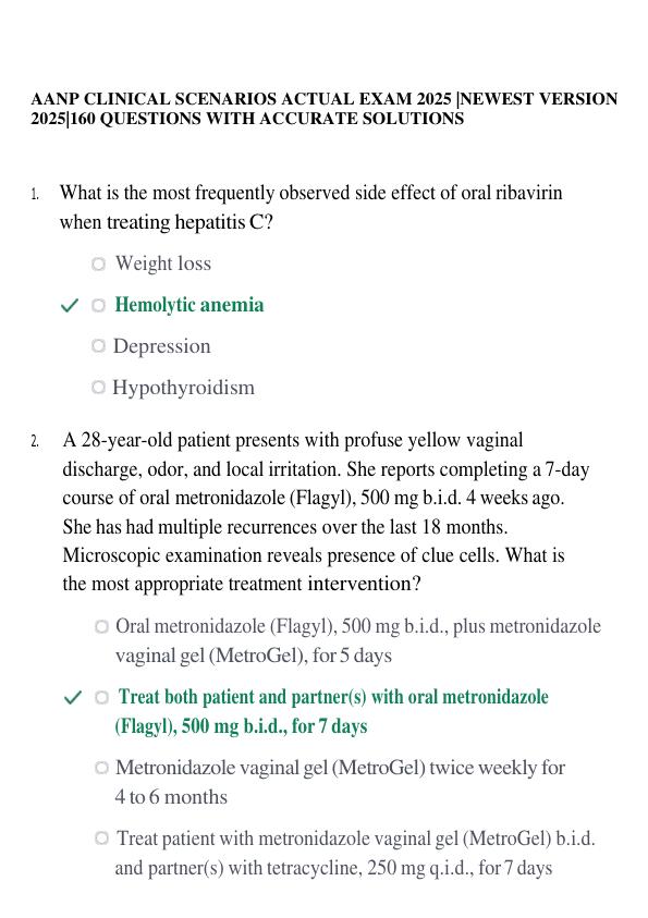 AANP CLINICAL SCENARIOS ACTUAL EXAM 2025 |NEWEST VERSION 2025|160 QUESTIONS WITH ACCURATE SOLUTIONS