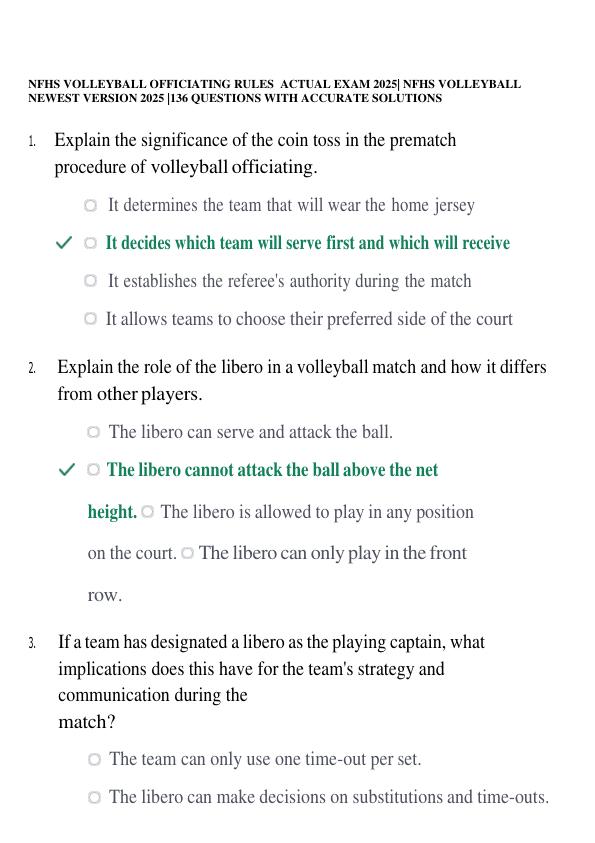 NFHS VOLLEYBALL OFFICIATING RULES ACTUAL EXAM 2025| NFHS VOLLEYBALL NEWEST VERSION 2025 |136 QUESTIONS WITH ACCURATE SOLUTIONS