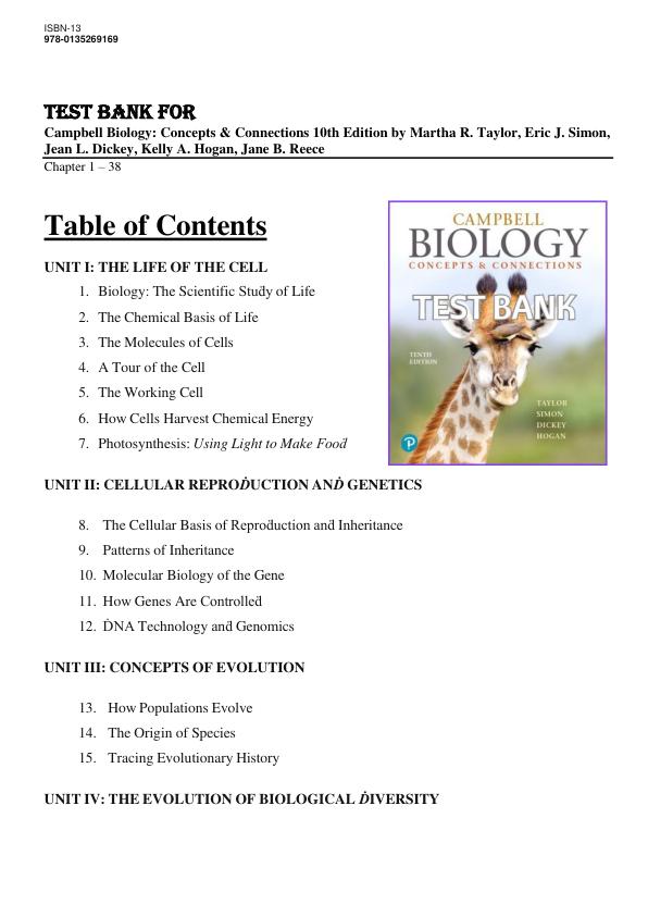 Test Bank for Campbell Biology Concepts & Connections 10th Edition by Martha R. Taylor, Eric J. Simon, Jean L. Dickey, Kelly A. Hogan, Jane B. Reece