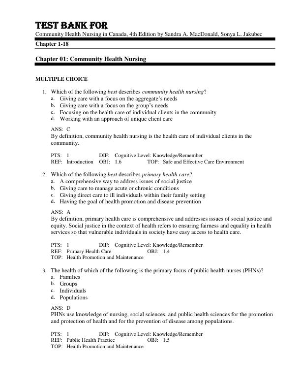 Test Bank For Community Health Nursing in Canada, 4th Edition by Sandra A. MacDonald, Sonya L. Jakubec Chapter 1-18