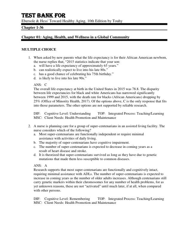 Test Bank For Ebersole & Hess' Toward Healthy Aging, 10th Edition by Touhy Chapter 1-36