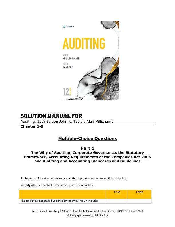 Solution Manual For Auditing, 12th Edition by John R. Taylor, Alan Millichamp