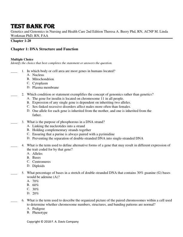 Test Bank For Genetics and Genomics in Nursing and Health Care 2nd Edition by Theresa A. Beery Phd, RN, ACNP M. Linda Workman PhD, RN, FAAN Julia A. Eggert PhD, AGN-BC, AOCN, FAAN Chapter 1-20