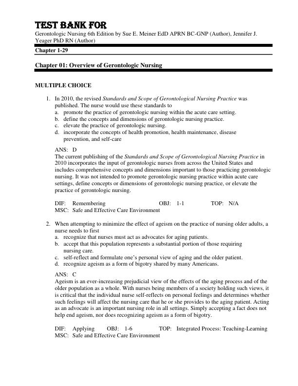Test Bank For Gerontologic Nursing 6th Edition by Sue E. Meiner EdD APRN BC-GNP, Jennifer J. Yeager PhD RN Chapter 1-29