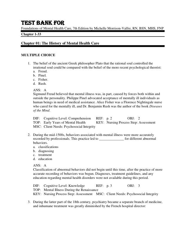 Test Bank For Foundations of Mental Health Care, 7th Edition by Michelle Morrison-Valfre, RN, BSN, MHS, FNP Chapter 1-33