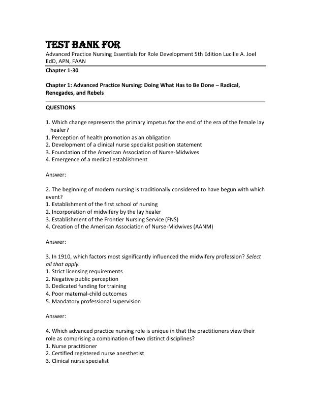 Test Bank For Advanced Practice Nursing Essentials for Role Development 5th Edition by Lucille A. Joel EdD, APN, FAAN Chapter 1-30