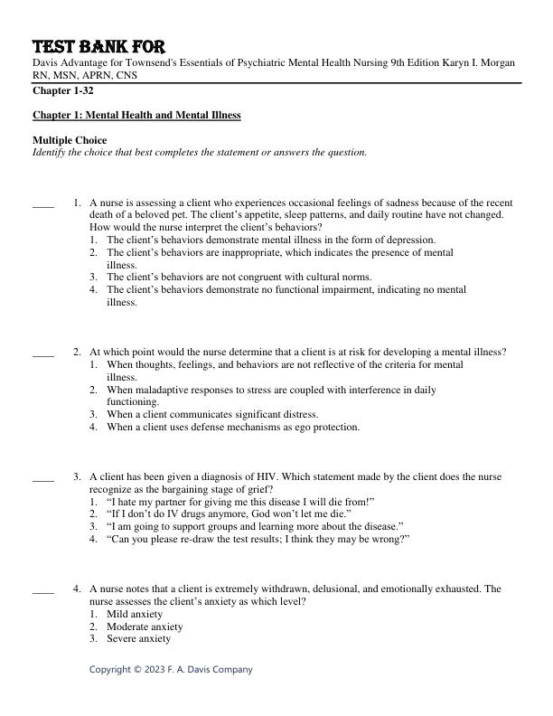 Test Bank For Davis Advantage for Townsend's Essentials of Psychiatric Mental Health Nursing 9th Edition by Karyn I. Morgan RN, MSN, APRN, CNS 