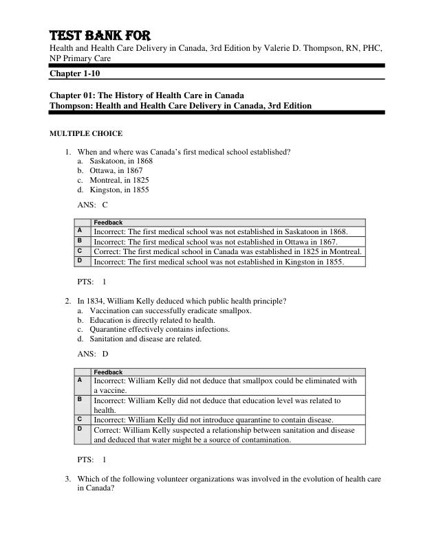 Test Bank For Health and Health Care Delivery in Canada, 3rd Edition by Valerie D. Thompson, RN, PHC, NP Primary Care Chapter 1-10