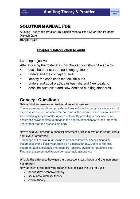 Solution Manual For Auditing Theory and Practice, 1st Edition Michael PrattKaren Van PeursemMukesh Garg Chapter(1-20)