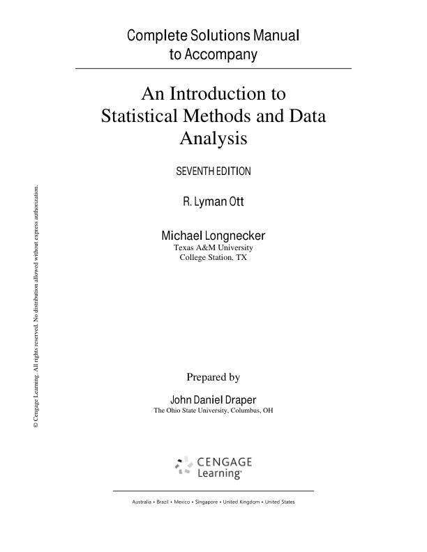 Solution Manual for An Introduction to Statistical Methods and Data Analysis 7th Edition by R. Lyman Ott Michael T. Longnecker