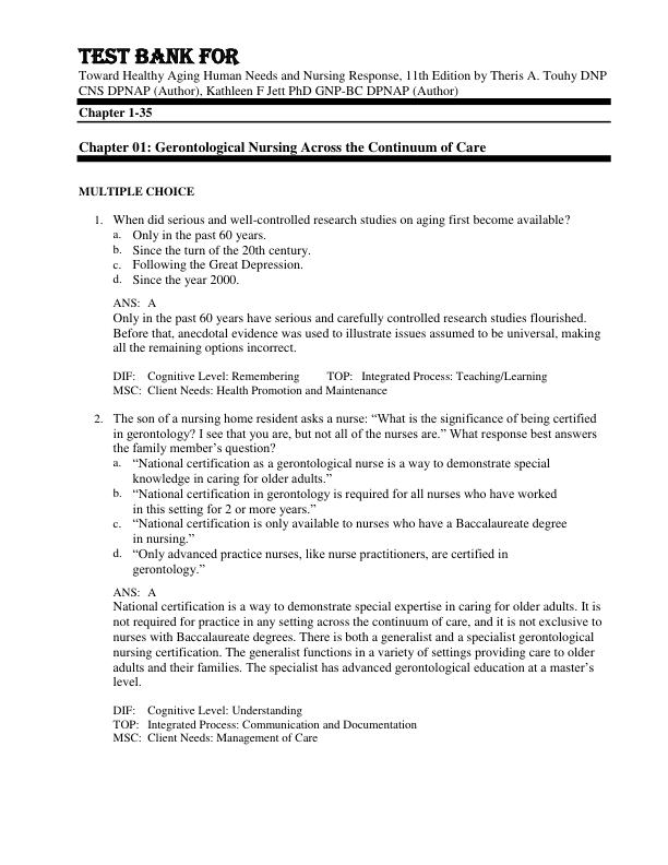 Test Bank For Toward Healthy Aging Human Needs and Nursing Response, 11th Edition by Theris A. Touhy DNP CNS DPNAP, Kathleen F Jett PhD GNP-BC DPNAP Chapter 1-35