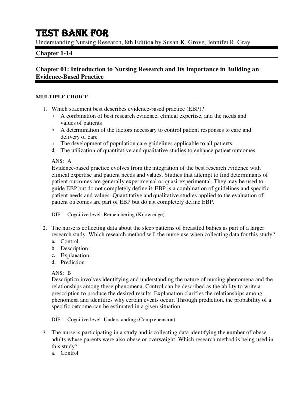 Test Bank For Understanding Nursing Research, 8th Edition by Susan K. Grove, Jennifer R. Gray Chapter 1-14
