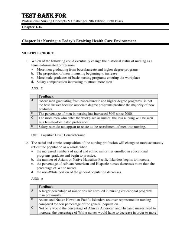 Test Bank For Professional Nursing Concepts & Challenges, 9th Edition by Beth Black Chapter 1-16