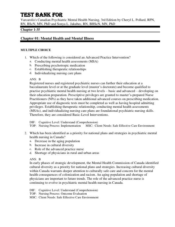 Test Bank For Varcarolis's Canadian Psychiatric Mental Health Nursing, 3rd Edition by Cheryl L. Pollard, RPN, RN, BScN, MN, PhD and Sonya L. Jakubec, RN, BHScN, MN, PhD Chapter 1-35